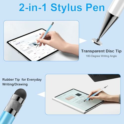 2-in-1 stylus pen with transparent disc tip and rubber tip.