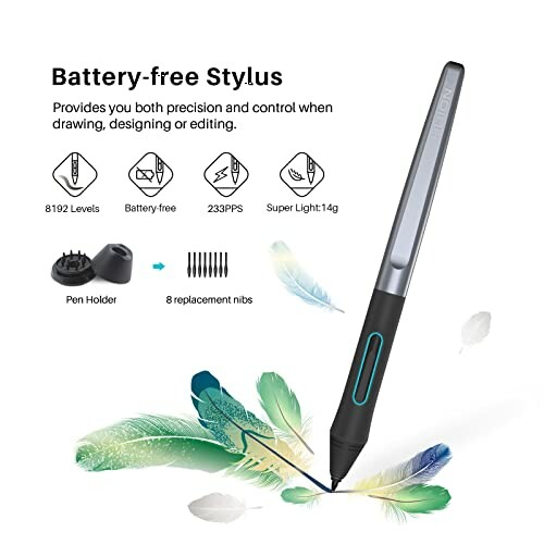 Battery-free stylus with features and feather illustrations.