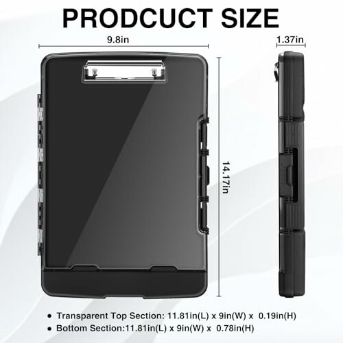 Clipboard storage case with dimensions and transparent top section.