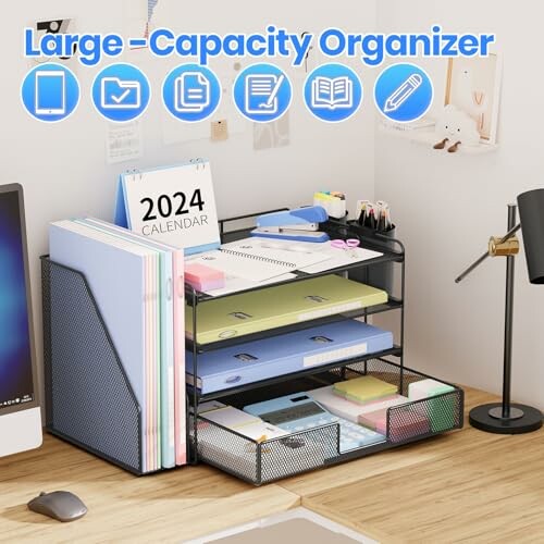 Desk with a large-capacity organizer holding folders, papers, and office supplies.