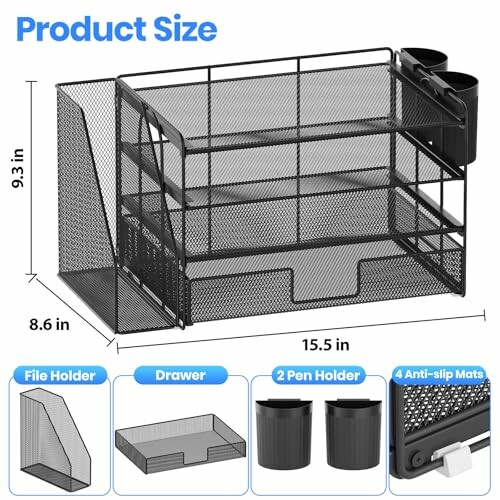 Metal mesh desktop organizer with pen holders and drawer, dimensions labeled.