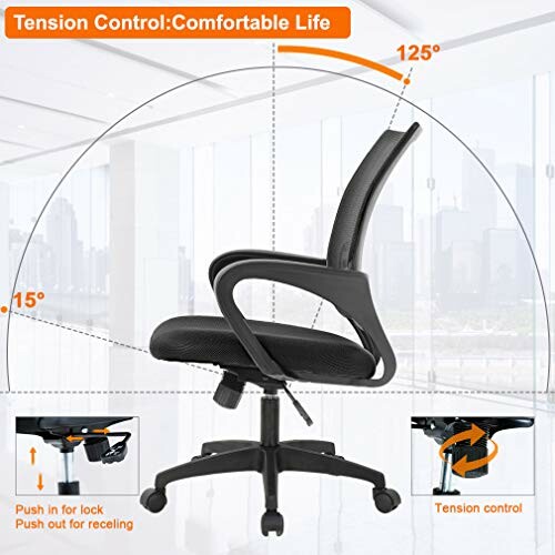 Ergonomic office chair with adjustable tension control and reclining features.
