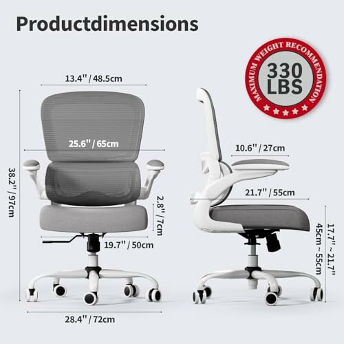 Ergonomic office chair with dimensions and weight limit.