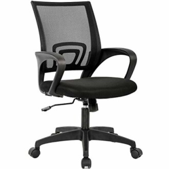 Black ergonomic office chair with mesh back and armrests.