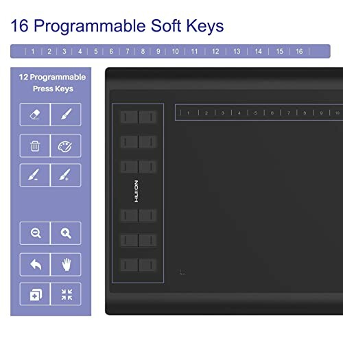 Graphic tablet with 16 programmable soft keys and 12 press keys.