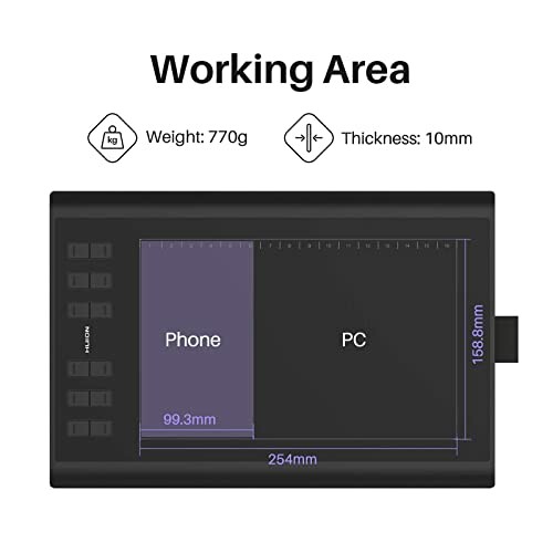 Graphics tablet showing working area dimensions and buttons.