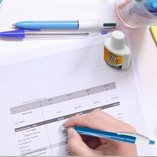 Hand writing on a financial document with pens and correction fluid nearby.