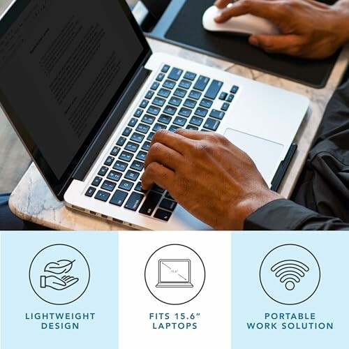 Person typing on a laptop with icons showing lightweight design, fits 15.6-inch laptops, and portable work solution.