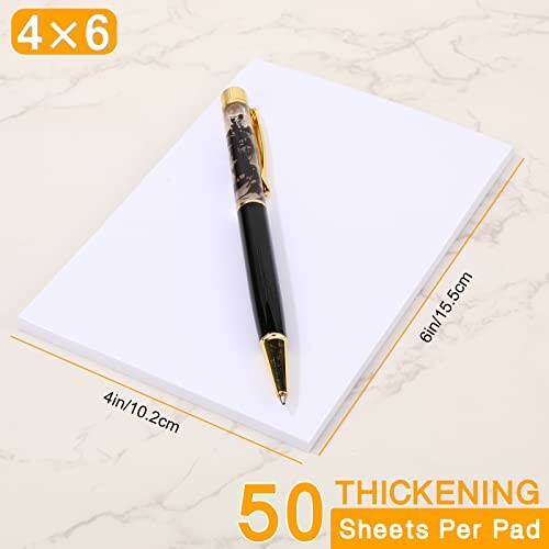 Notepad with pen on top, dimensions 4x6 inches.