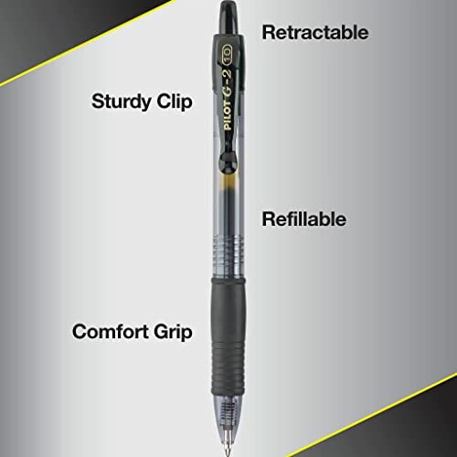 Pilot G2 retractable pen with sturdy clip, refillable ink, and comfort grip.