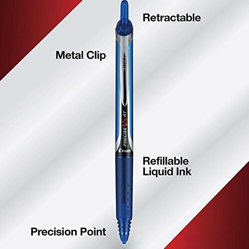 Pilot Precise V5 RT blue pen with retractable design and refillable liquid ink.