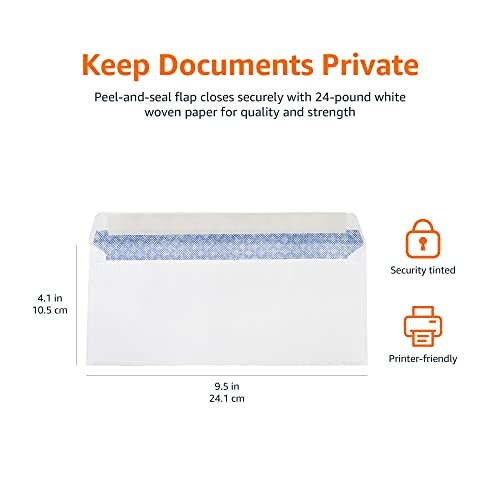 Security tinted envelope with dimensions and features.