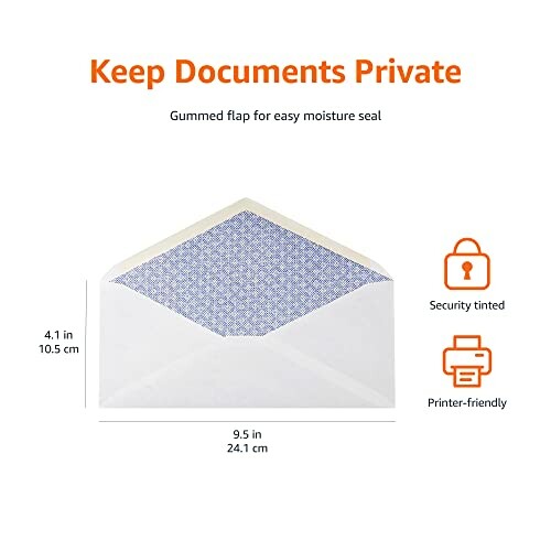Security tinted envelope with dimensions and features.