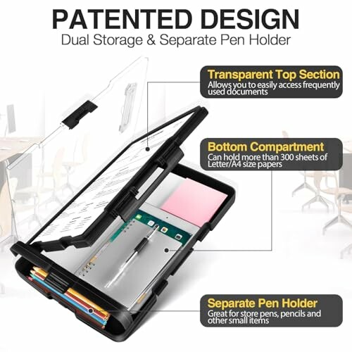 Storage case with transparent top, bottom compartment, and pen holder.