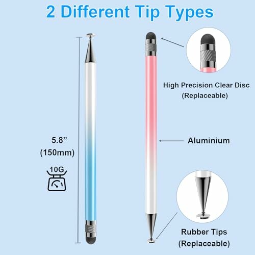 Stylus with two different tip types: high precision clear disc and rubber tips.