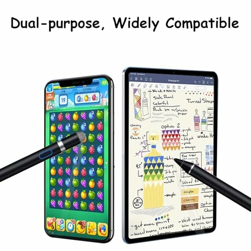 Stylus used on a smartphone with a game and a tablet with notes.